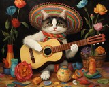 A sombrero-wearing cat playing the guitar with a colorful background.
