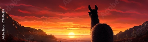 A llama standing on a hilltop at sunset. photo