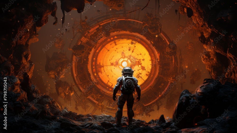 Astronaut on a daring salvage mission in outer space surrounded by debris and glowing elements