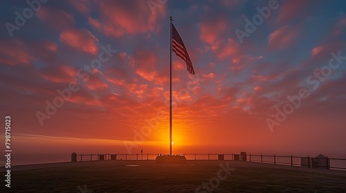 An evocative image of the USA flag at half-mast against the backdrop of a solemn sunset, commemorating Memorial Day and Veterans Day with respect and dignity.