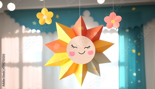 Cute smiling sun made of paper. Perfect for decorating a child's room. photo