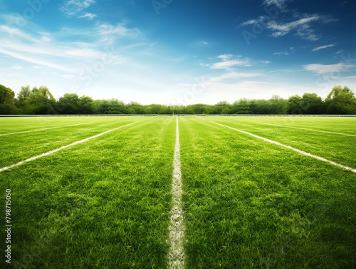 Green grass field with white lines marking the boundary of a soccer field under blue sky with white clouds. © Suritong