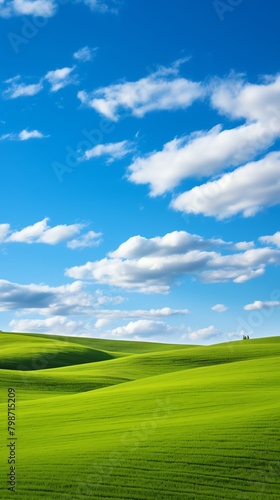 The image shows a beautiful landscape with green hills and a blue sky. The image is very calming and peaceful.