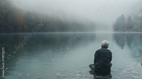 A serene yet haunting scene of an elderly man gazing at a tranquil lake, the water's surface partially clear and partially obscured by fog, reflecting the mixed clarity and confusion of his thoughts.