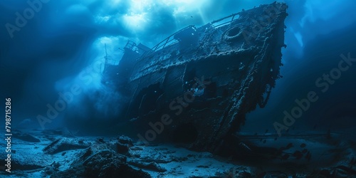 broken shipwreck under the deep blue sea.