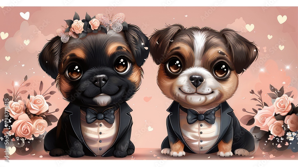 Two cute puppies dressed in wedding attire are sitting next to each other on a pink background. Two cute puppies dressed in wedding attire are sitting next to each other on a pink background.