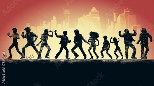 Silhouetted figures dancing against a city skyline, depicting different dance eras