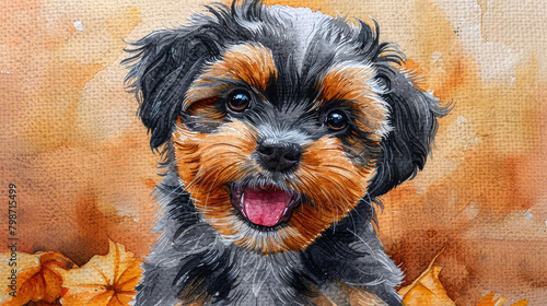 Watercolor painting of a cute Yorkshire Terrier puppy with autumn leaves.
