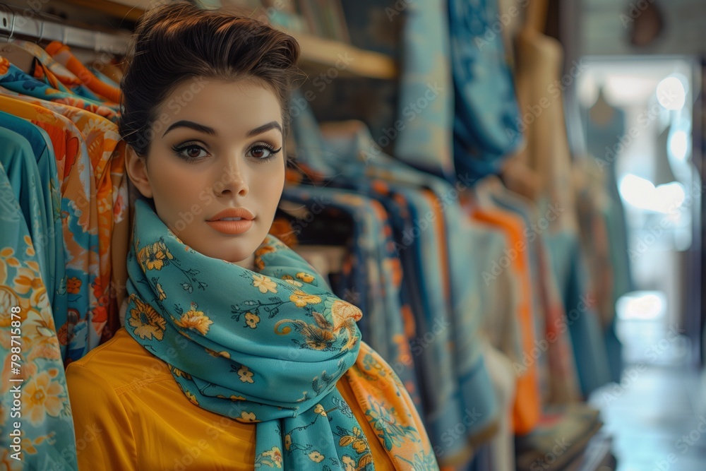 Woman in a silk scarf at the market. Textile colors