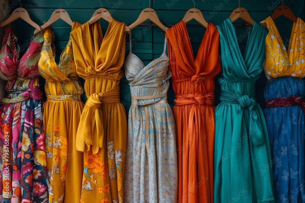 Lots of colorful elegant dresses on hangers and for sale in a store at the bazaar