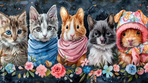 Four cute watercolor pets in scarves with a floral border. photo