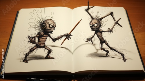 Stick figure knight and creatures battle drawn across an open sketchbook