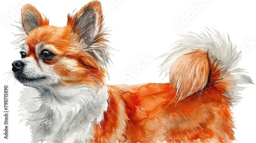 Watercolor painting of a long-haired chihuahua in profile, looking to the left.