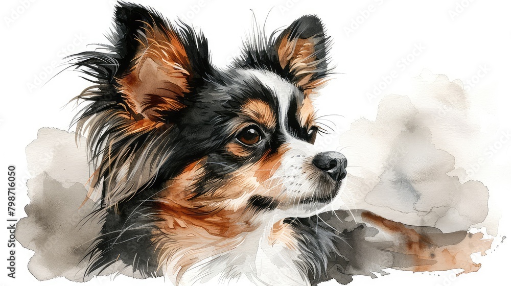 Watercolor painting of a cute long-haired chihuahua looking away