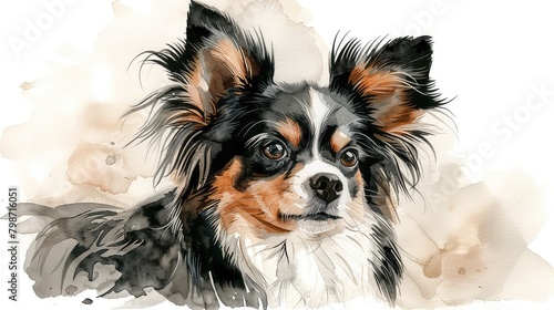 Watercolor painting of a cute long-haired chihuahua looking up with big eyes.
