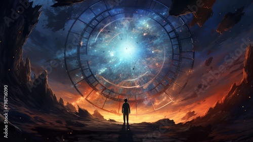 Surreal scene of a person standing before a gigantic clock in a cosmic landscape