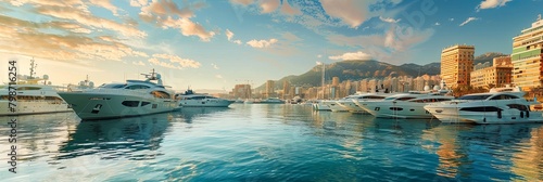 yachts moored in the port, against the backdrop of the city coastline.