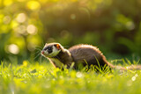A playful ferret scampers across a lush green meadow, its sleek body twisting and turning in joyful abandon