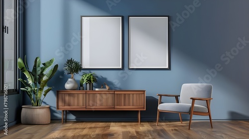 Living room interior with panoramic window  two white poster  blue armchair  closet  laptop and oak wooden parquet floor. Perfect place for relaxation. Concept of minimalist design. ai generated 