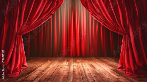 Theatre Art. Red Curtains Opening on Stage for Show with Cinema Background