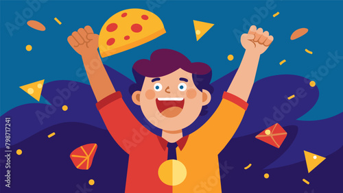 Laughter and cheers erupting as one contestant triumphantly raises their arms in victory having finished their slice first.. Vector illustration
