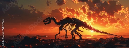 A silhouette of a dinosaur skeleton against a dramatic sunset, depicting a prehistoric landscape. © Usman