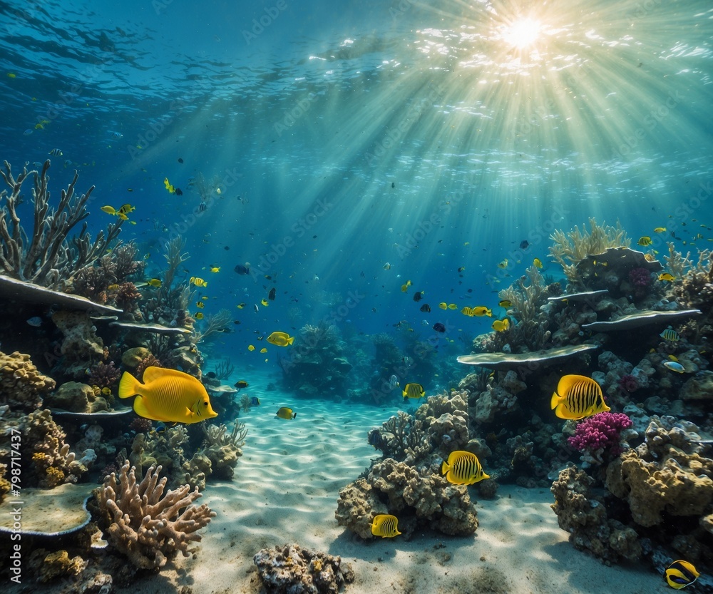Naklejka premium Underwater view of coral reef with fishes and rays of light.