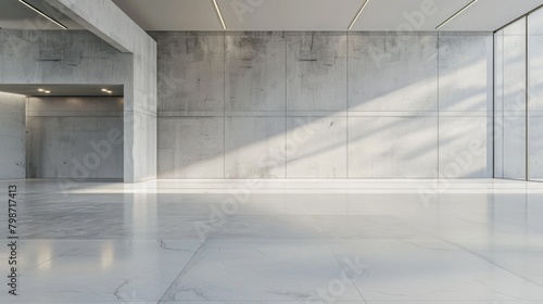Modern Architecture Background. Abstract Interior Design of a Modern Showroom with Empty White Concrete Floor and Gray Wall - 3D Rendering