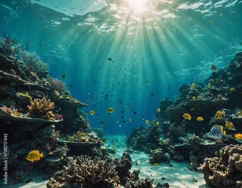Underwater view of tropical coral reef with fishes and sunbeams