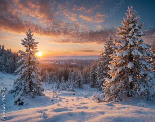 Beautiful winter landscape with snowy fir trees at sunset. Carpathian, Ukraine