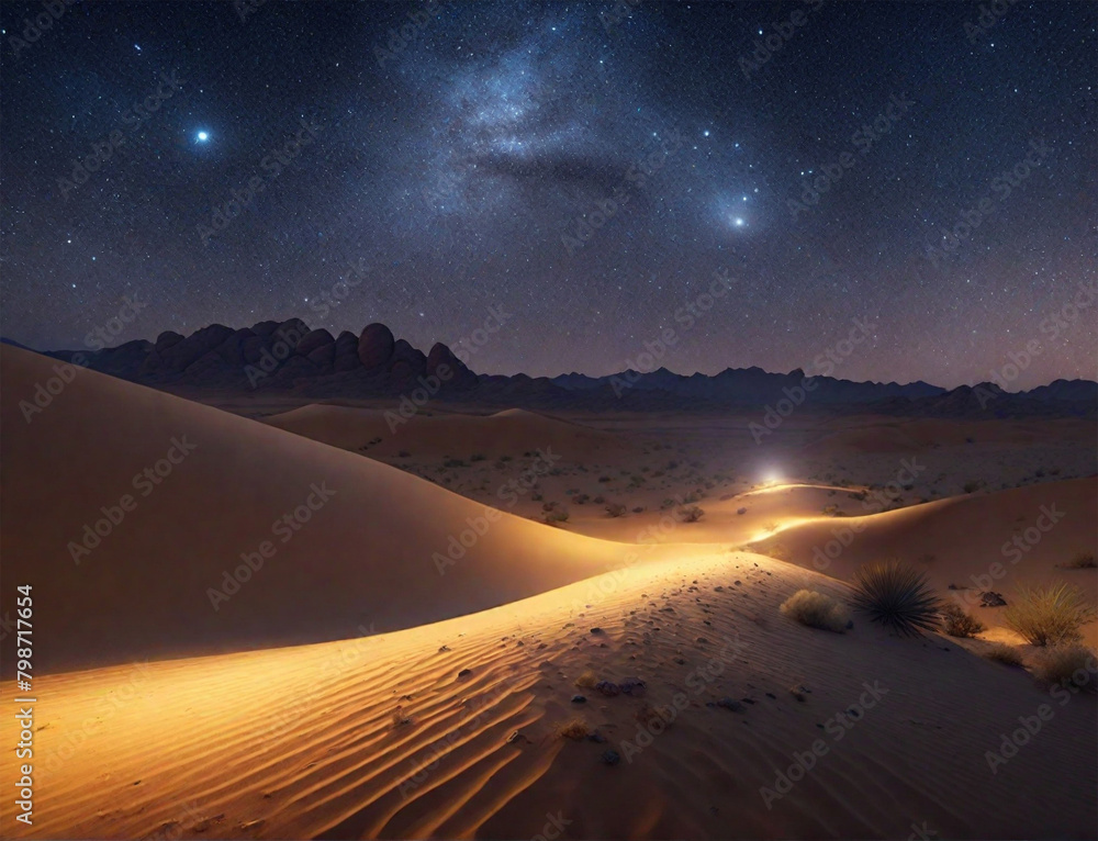 Beautiful night sky in the desert landscape with milky way. An amazing ...