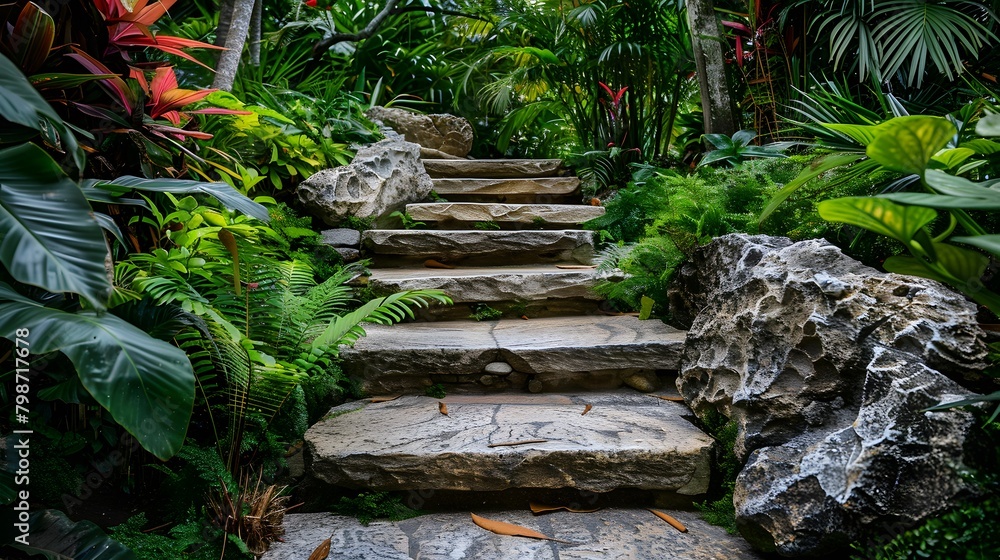 Stone steps surrounded by lush greenery Stone steps surrounded by lush greenery