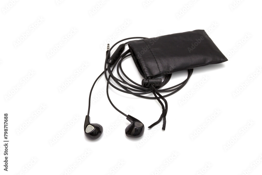 black earphone and bag isolated on white background black earphone and bag isolated on white background