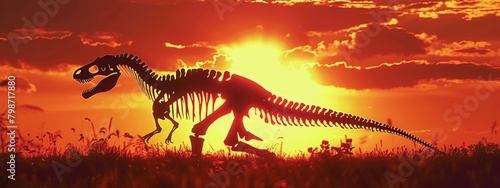 A silhouette of a dinosaur skeleton against a dramatic sunset, depicting a prehistoric landscape. © Usman