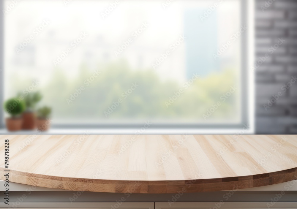 Empty beautiful round wood tabletop counter on interior kitchen background Empty beautiful round wood tabletop counter on interior kitchen background