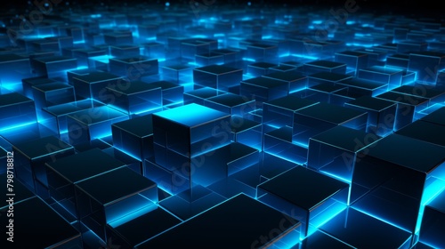 Array of 3D cubes with glowing edges, deep blue and black background, illustrating concepts in cybersecurity technology,