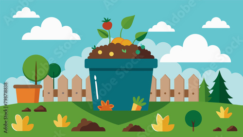 An outdoor compost bin filled with food scraps and yard waste being turned into nutrientrich soil for the garden.