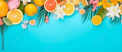 Overhead shot of a summer themed flat lay with objects around the edges, copy space in center,