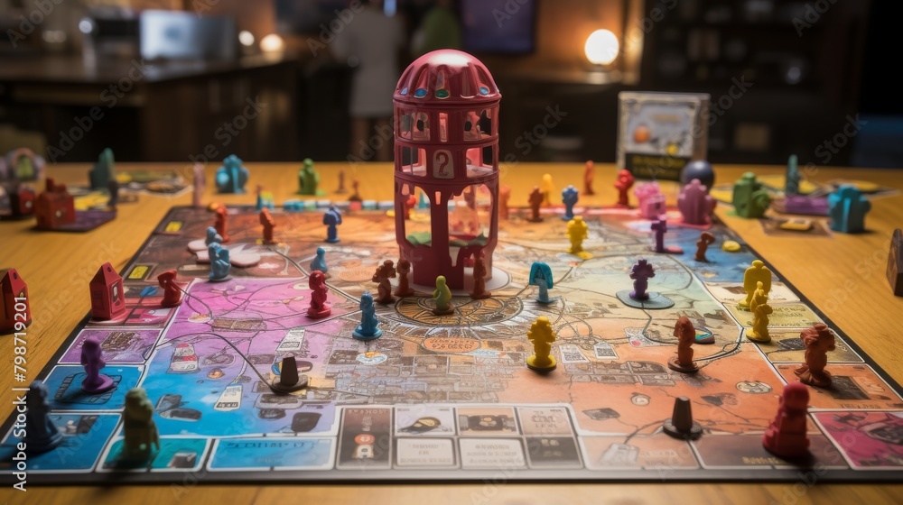 Strategic board game night: Colorful figures and intricate gameplay setup captured on a wooden table