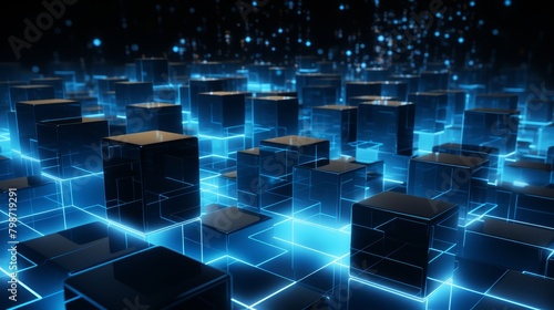 Array of 3D cubes with glowing edges  deep blue and black background  illustrating concepts in cybersecurity technology 