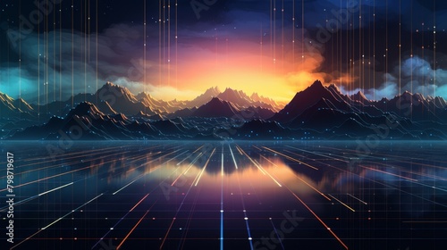 Abstract digital landscape with pixelated effect and neon grid lines,