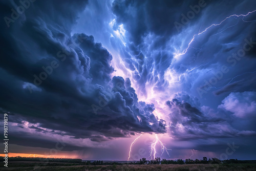 Dramatic shot of thunderstorms with lightning in the nature. photo