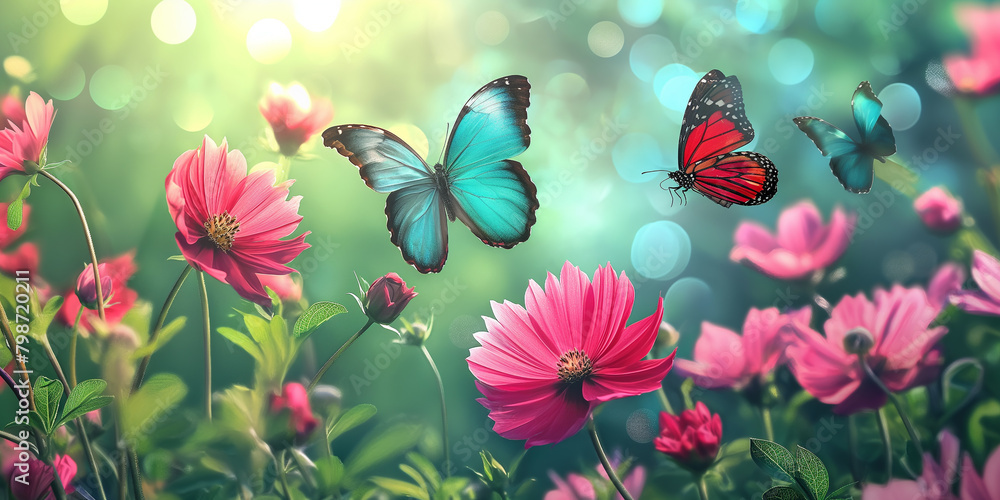 Flowers garden with pink blossom Cosmos flowers and blue butterflies in morning light, summer flower theme, spring time theme.