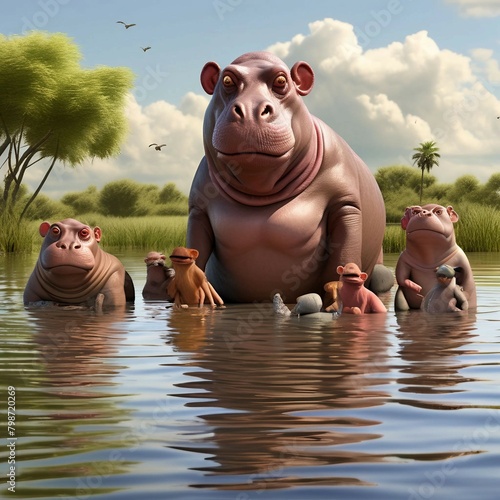 hippopotamus  with her babyes photo