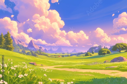 A stylized landscape showcasing vibrant green meadows under a sky with exaggerated.