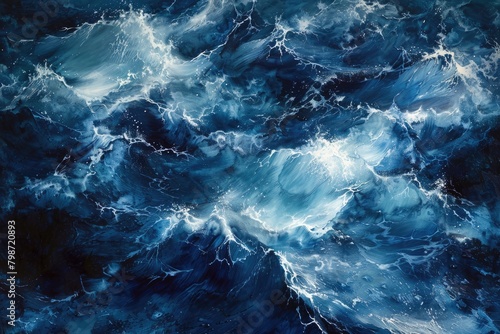 Closeup painting of electric blue waves in ocean, capturing fluidity and energy