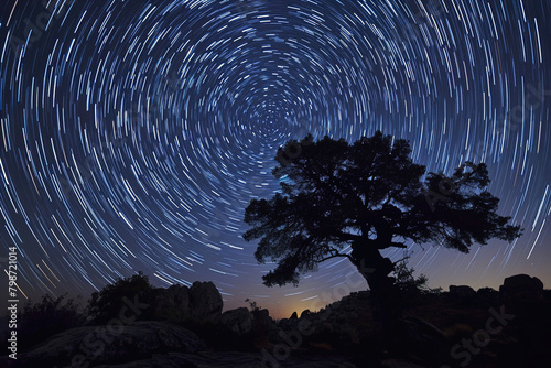 Timelapse photography showing the movement of stars. Nature silhouette.