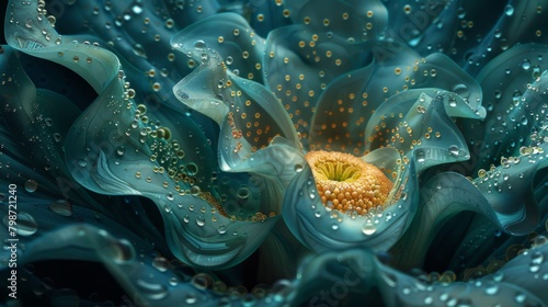 A captivating image of a deep blue flower with sparkling water droplets. The artistic shot highlights the vibrant textures and mesmerizing patterns of nature.