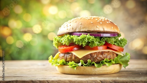 delicious burger, hamburger. melted cheese with lettuse, beef, onion slices, tomato slices, pickle or cucumber slices. fast food photo