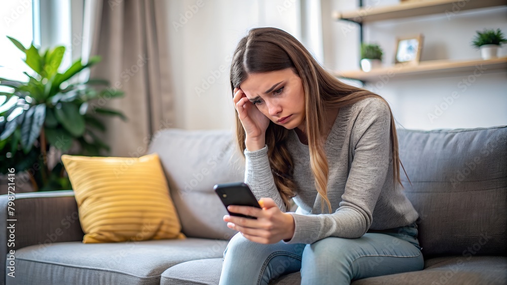sad young woman sitting on couch using cell phone sad young woman sitting on couch using cell phone